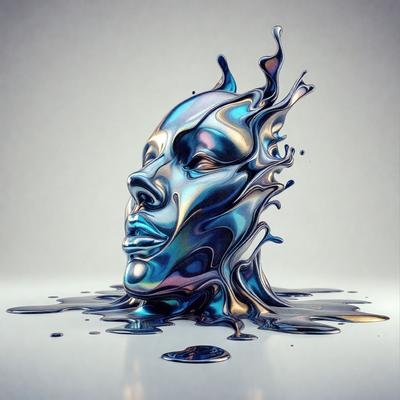 The primary subject of the image is a close-up of a head, which appears to be made of metal or a similar material. The head is surrounded by a blue and purple liquid, giving it a unique and artistic appearance. The setting is a white background, which contrasts with the vibrant colors of the liquid. The visual style of the image is a combination of digital art and illustration, creating a striking and eye-catching composition. The colors and mood of the image are predominantly blue and purple